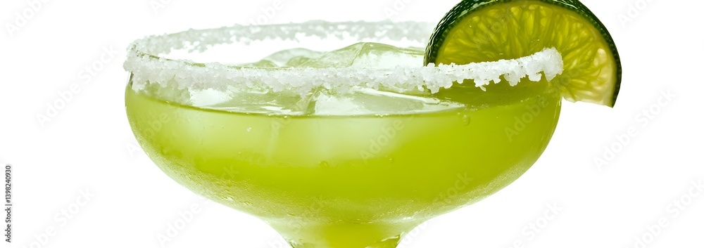 Classic Margarita Cocktail with Lime Wedge and Salt Rim on White Background