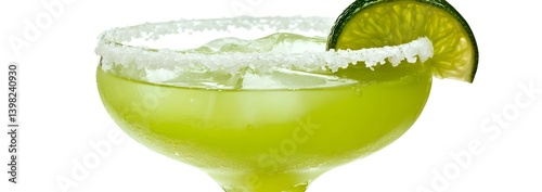 Obraz na płótnie Classic Margarita Cocktail with Lime Wedge and Salt Rim on White Background w salonie
