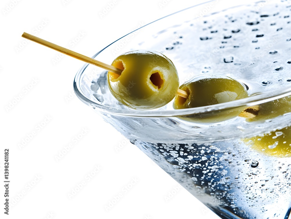 Classic Martini with Green Olives in a Chilled Glass on White Background