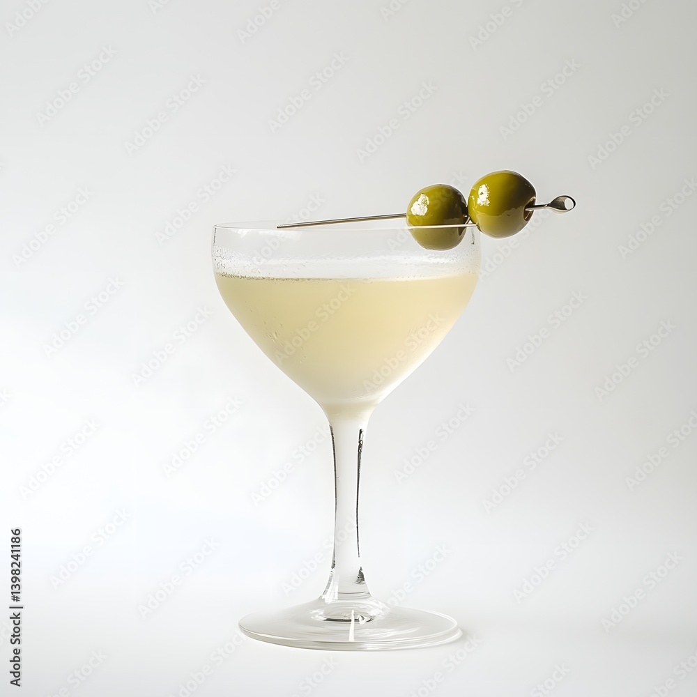 Classic Martini with Green Olives in a Chilled Glass on White Background