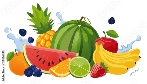 Sweet tropical fruits and mixed berries vector