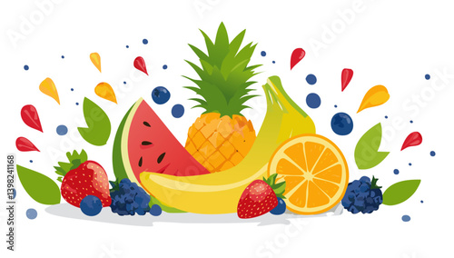 Sweet tropical fruits and mixed berries. Splash of juice. Vector icon design