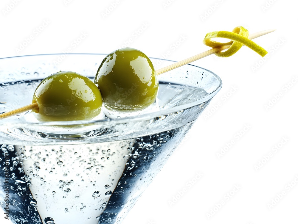 Classic Martini with Green Olives in a Chilled Glass on White Background
