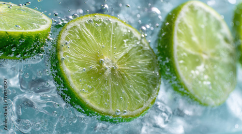 Lime slices are submerged in sparkling water, creating effervescence and a refreshing look, perfect for summer drinks on a warm day