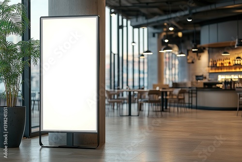 Photo of a blank white vertical digital signage screen standing in an office building, with a modern restaurant