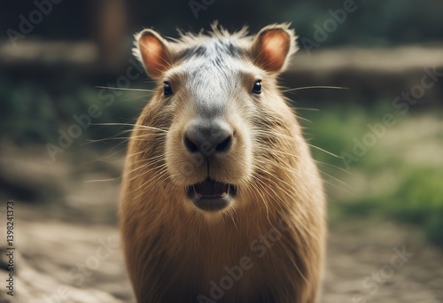 hyper mouth open style portrait capybara realistic rodent comical funny camera vibrant closeup hi-res sharpened macro crisp face detailed looking mag three-dimensional expression documentary sharp