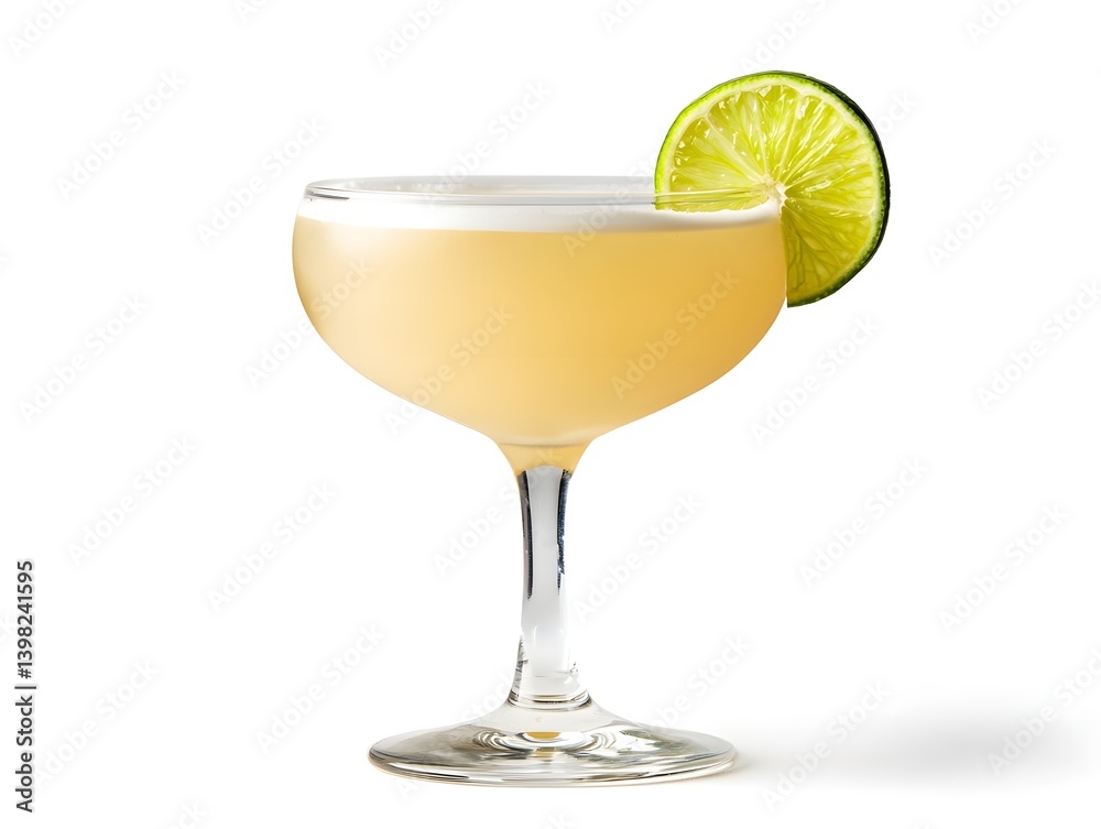 Daiquiri Cocktail in a Coupe Glass with Lime Slice on White Background