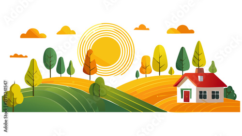 Countryside Morning – Vector Landscape with Sunrise and Soft Colors