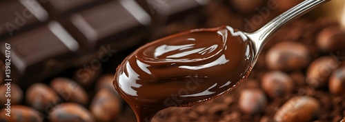 Obraz na płótnie Decadent Chocolate Indulgence: Melted Dark Chocolate Dripping from a Spoon w salonie