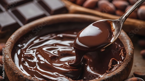 Obraz na płótnie Decadent Chocolate Indulgence: Melted Dark Chocolate Dripping from a Spoon w salonie