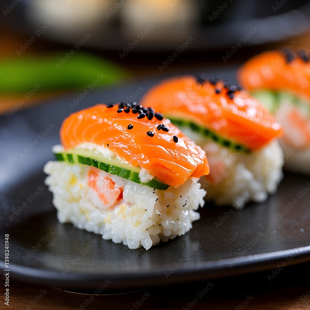 Gourmet Japanese salmon sushi roll with wasabi is a healthy seafood appetizer on a black plate Gourmet Japanese salmon sushi roll with wasabi is a healthy seafood appetizer on a black plate