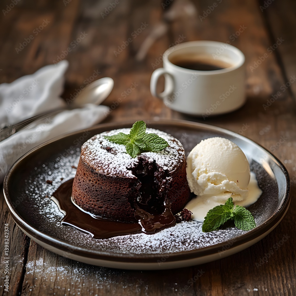 Decadent Chocolate Lava Cake with Melted Center and Vanilla Ice Cream