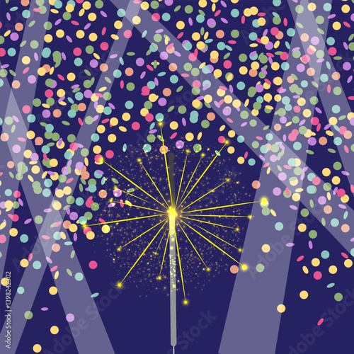 Vector Christmas Bengal light. Realistic sparkler light on circle confetti background. Festive bright firework. Element of decoration for celebration and holiday.
