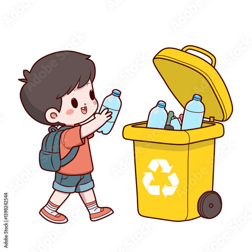 A cartoon illustration of a cute little child happily throwing plastic bottles into a yellow non-organic trash bin
