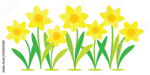 Bright Yellow Daffodils Vector Illustration, Fresh Blooming Daffodils Artwork, Colorful Daffodil Flower Garden Vector, Springtime Daffodil Flowers Clipart, Colorful Daffodil Flower Garden Vector