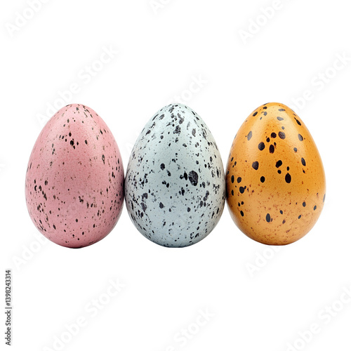 Three Quail Eggs Pink, Blue, Yellow Shells with Black Spots on Transparent Background, cut out.