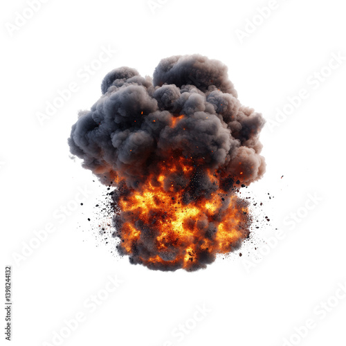Intense fireball erupting against a deep black background creating a dramatic and powerful visual effect of flames isolated on transparent background..