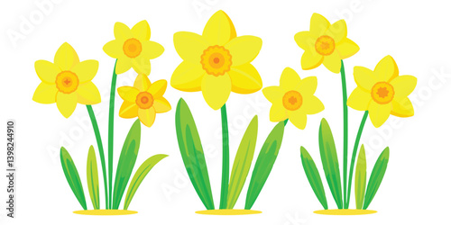 Bright Yellow Daffodils Vector Illustration, Fresh Blooming Daffodils Artwork, Colorful Daffodil Flower Garden Vector, Springtime Daffodil Flowers Clipart, Colorful Daffodil Flower Garden Vector