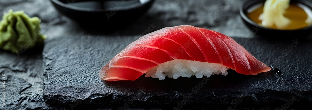 Minimalist Food Art: A Single Sushi Roll on a Black Slate Plate