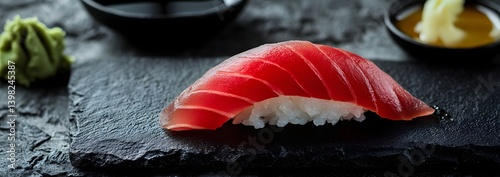Obraz na płótnie Minimalist Food Art: A Single Sushi Roll on a Black Slate Plate w salonie