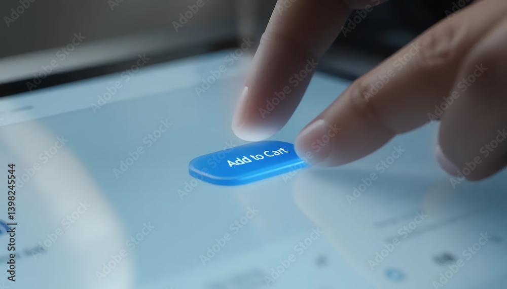 Adding to Cart Close-up of Finger Pressing E-commerce Button on Sleek Digital Screen Adding to Cart Close-up of Finger Pressing E-commerce Button on Sleek Digital Screen