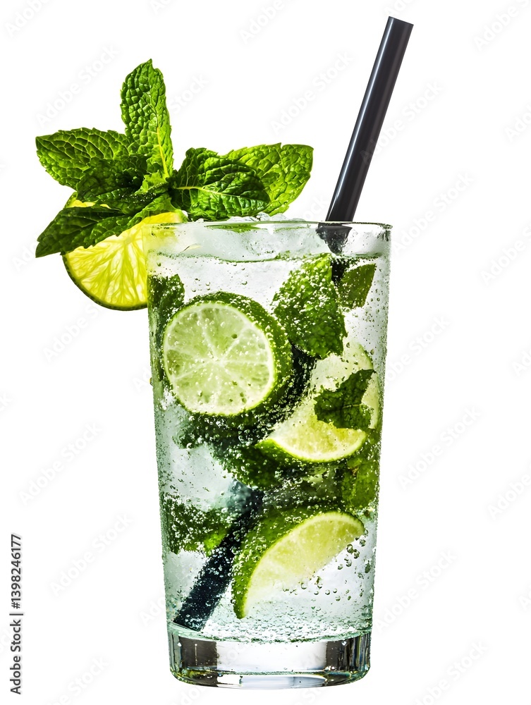 Mojito Cocktail in a Highball Glass with Mint and Lime on White Background
