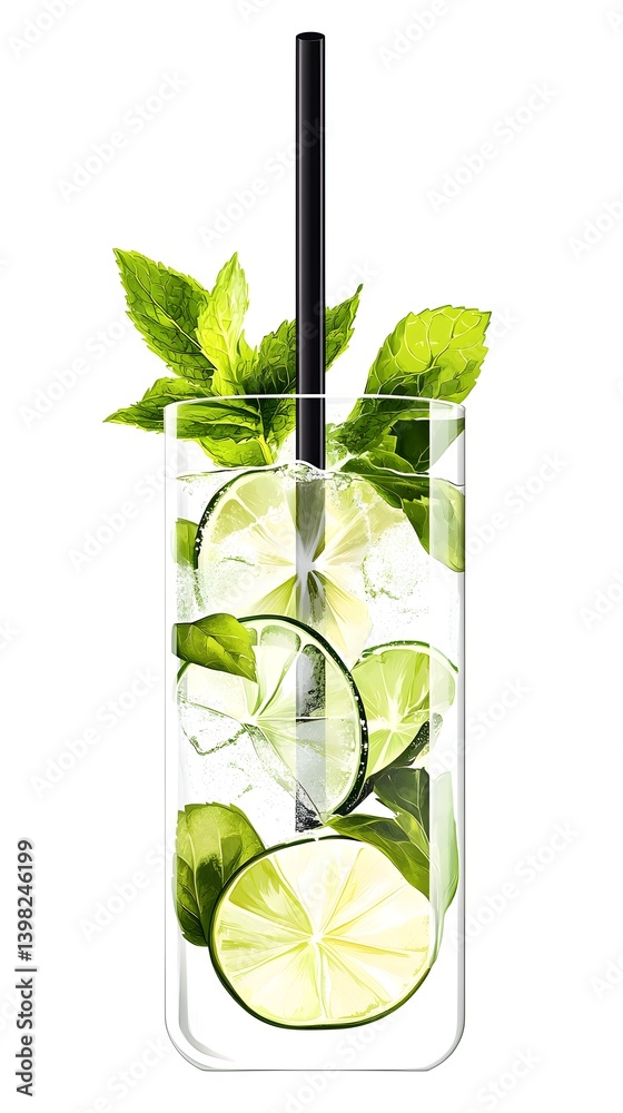 Mojito Cocktail in a Highball Glass with Mint and Lime on White Background