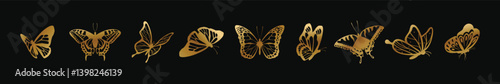 Golden butterflies. Gold butterfly shiny decorative moth silhouettes. Cute beautiful spring, summer winged insects for wedding invitation card. Vector isolated set. Elegant tropical creatures