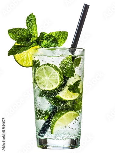 Obraz na płótnie Mojito Cocktail in a Highball Glass with Mint and Lime on White Background w salonie
