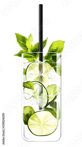 Obraz na płótnie Mojito Cocktail in a Highball Glass with Mint and Lime on White Background w salonie