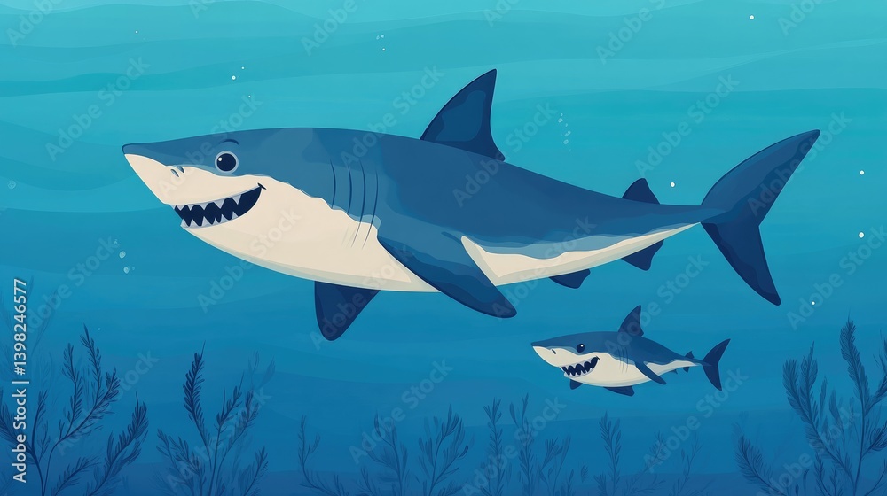 Two friendly sharks swim in the ocean. A large shark and a smaller one are swimming near underwater plants Two friendly sharks swim in the ocean. A large shark and a smaller one are swimming near underwater plants