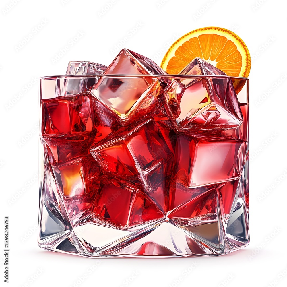 Negroni Cocktail in a Crystal Glass with Orange Garnish on White Background