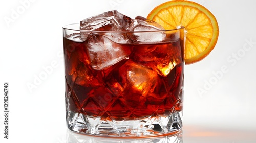 Negroni Cocktail in a Crystal Glass with Orange Garnish on White Background