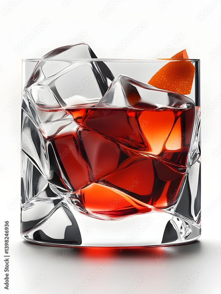 Negroni Cocktail in a Crystal Glass with Orange Garnish on White Background