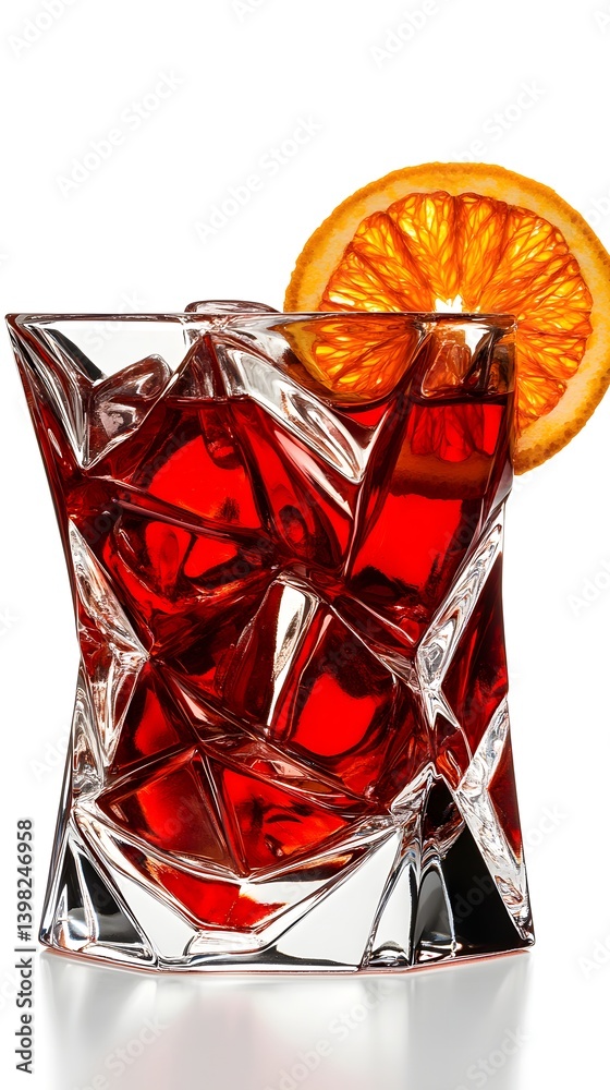 Negroni Cocktail in a Crystal Glass with Orange Garnish on White Background