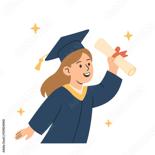 Student awarding of diploma. Young girl with certificate in his hand wearing gown and graduate cap. Successful education