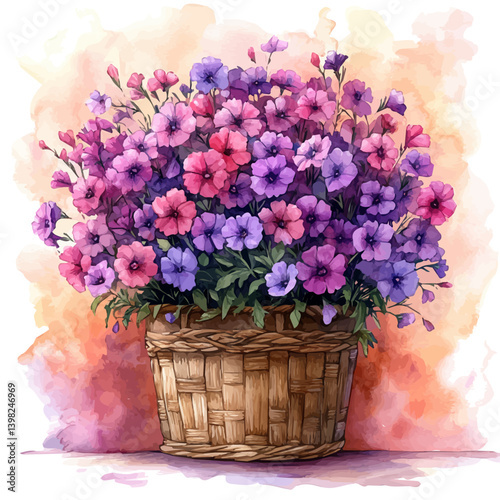 Larkspur bouquet in a basket, watercolor illustration, isolated on a white background.

