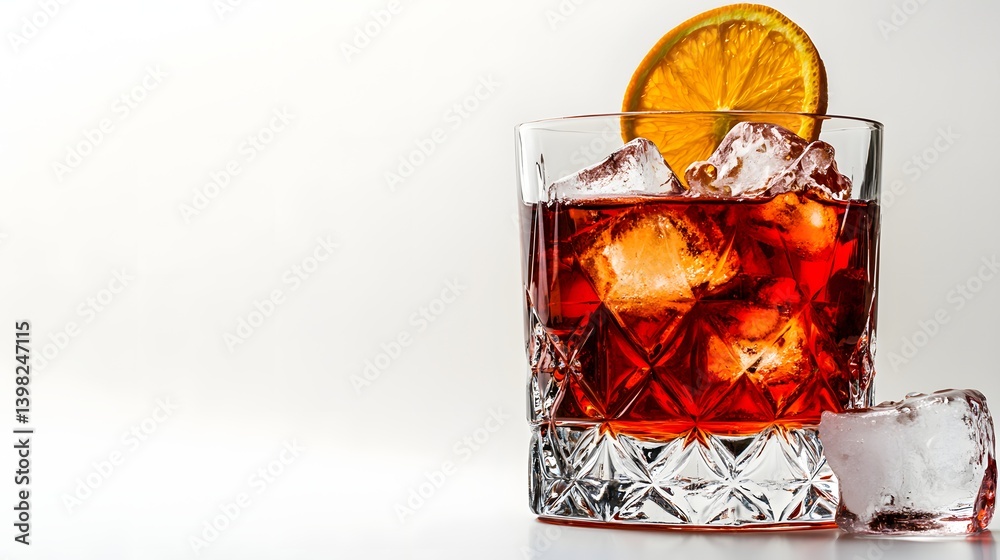 Negroni Cocktail in a Crystal Glass with Orange Garnish on White Background