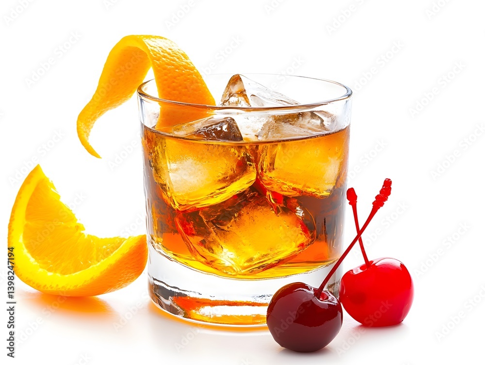 Old Fashioned Cocktail with Orange Peel and Ice on White Background