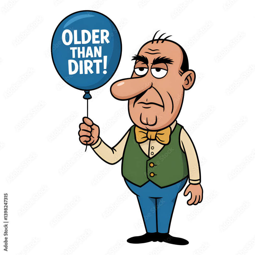 Cartoon old man holding a balloon with text older than dirt on transparent on transparent background Cartoon old man holding a balloon with text older than dirt on transparent on transparent background