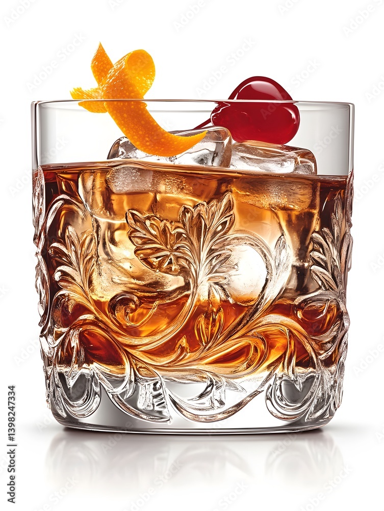 Old Fashioned Cocktail with Orange Peel and Ice on White Background