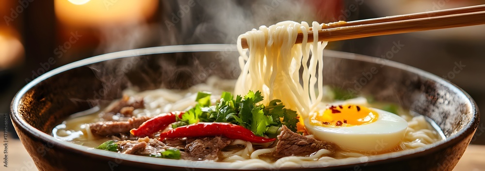 Street Food Delight: Authentic Asian Noodles with Chopsticks and Aromatic Steam