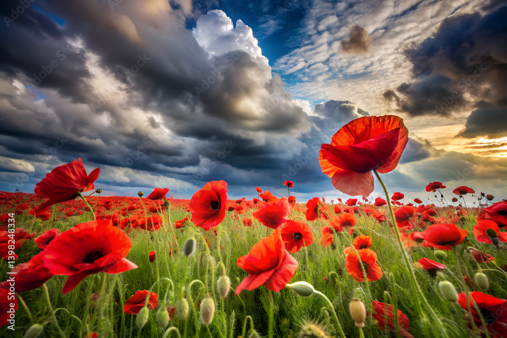 Fototapeta premium field of red poppies swaying in the wind with dramatic clouds generative ai