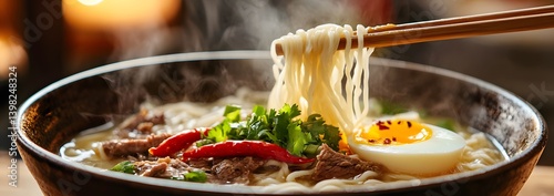 Street Food Delight: Authentic Asian Noodles with Chopsticks and Aromatic Steam