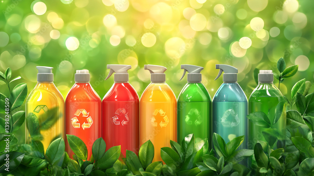 Zero waste cleaning bottles items on sunny green background. Set of eco friendly cleansing products. Sustainable lifestyle concept
