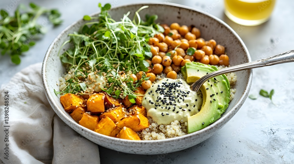 Vegan Buddha Bowl with Roasted Chickpeas, Avocado, and Quinoa