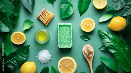 Natural eco-friendly zero waste plastic free cleaning items on green background top view. eco friendly cleansing set flat lay. sustainable lifestyle concept
