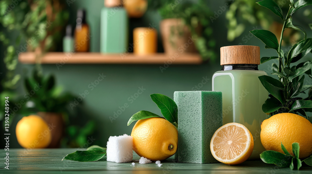 Zero waste plastic free cleaning items on green background. Set of eco friendly cleansing products. Sustainable lifestyle concept. Plastic free home.