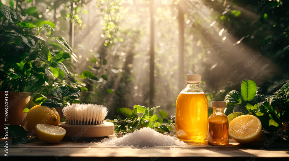 Zero waste plastic free cleaning items on sunny nature background. Set of eco friendly cleansing products. Sustainable lifestyle concept. Plastic free home.