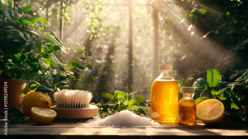 Zero waste plastic free cleaning items on sunny nature background. Set of eco friendly cleansing products. Sustainable lifestyle concept. Plastic free home.